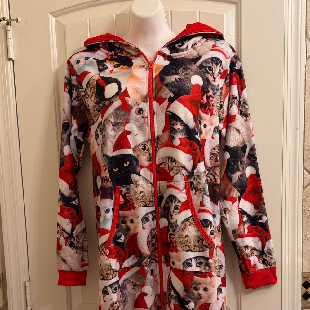 NWOT Cozy Christmas Cat Print Women's Pajama Onesie - Red and White